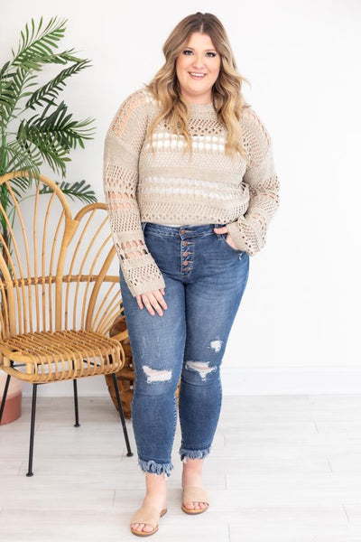 Thanks To You Open Knit Taupe Sweater