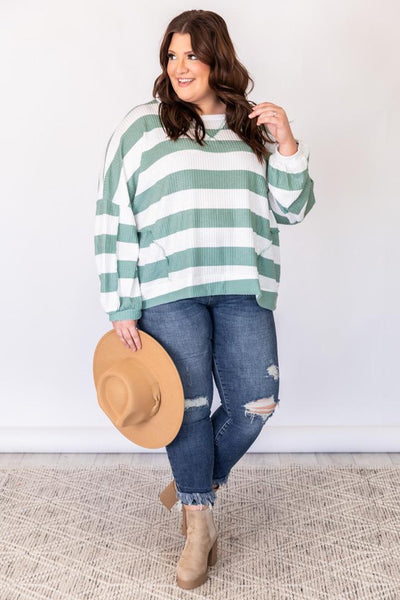Mix It Up Sage/White Waffle Knit Stripe Blouse