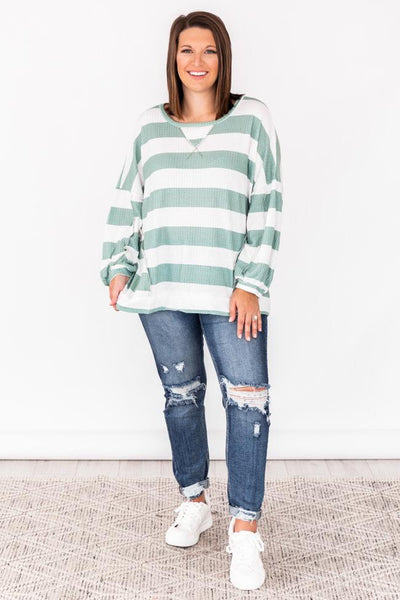 Mix It Up Sage/White Waffle Knit Stripe Blouse