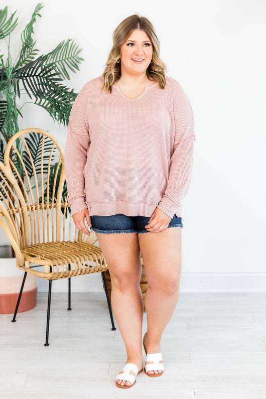 My Own Reality Long Sleeve V-Neck Pink Blouse