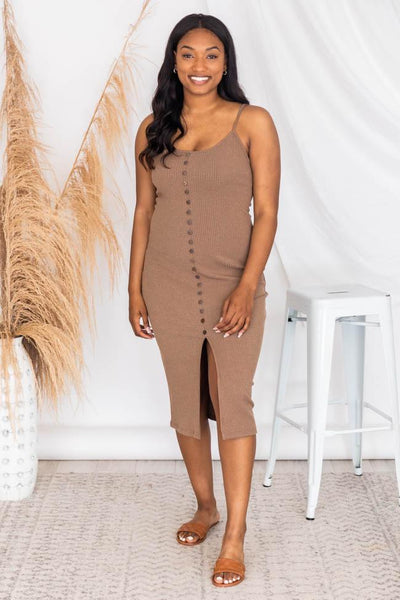 Passport Destination Brown Button Ribbed Midi Dress