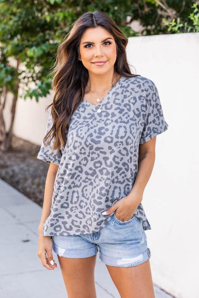 No Debate Grey Leopard Print Blouse