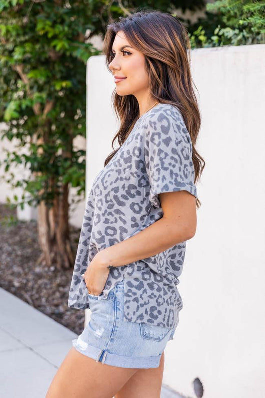 No Debate Grey Leopard Print Blouse