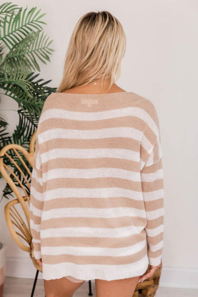 Valley Dance Taupe/White Stripe Knit Sweater