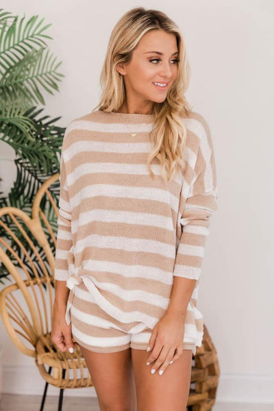 Valley Dance Taupe/White Stripe Knit Sweater