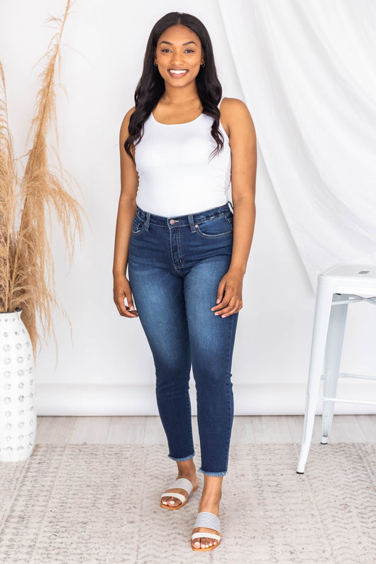 Alex Raw Hem Dark Wash Skinny Jeans