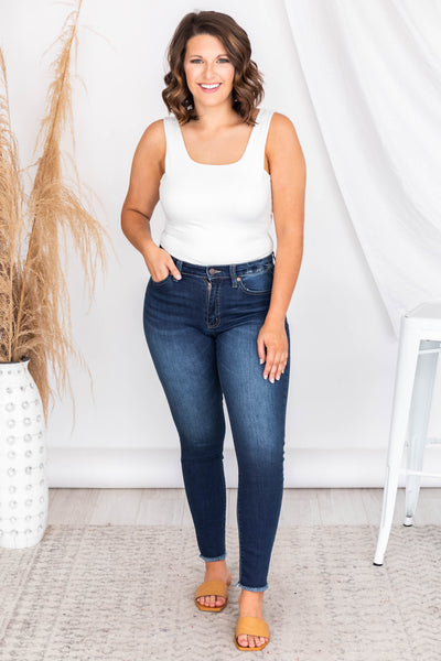 Alex Raw Hem Dark Wash Skinny Jeans