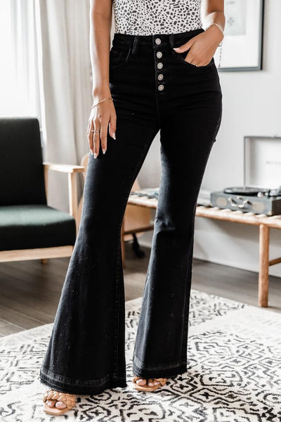 Camille Black Frayed Hem Flare Jeans