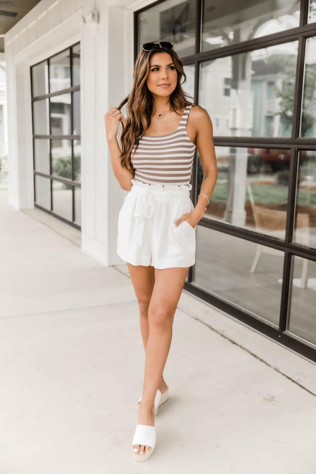 Memory Lane Taupe Square Neck Ribbed Stripe Bodysuit