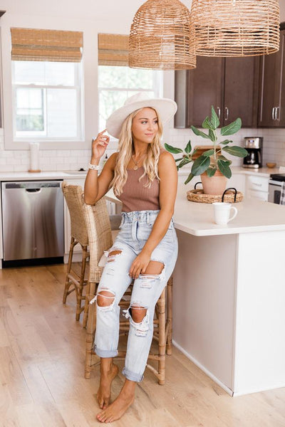 Kristen Paperbag Waist Distressed Mom Jeans