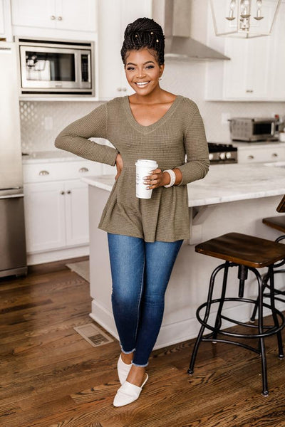 Chance To Shine Olive Peplum Waffle Knit Blouse