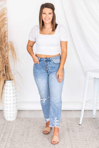 Passport To Paris White Smocked Eyelet Blouse