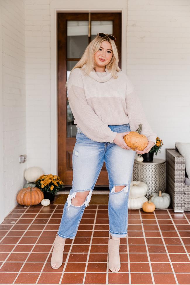 One Glance Oatmeal Colorblock Cowl Neck Sweater FINAL SALE