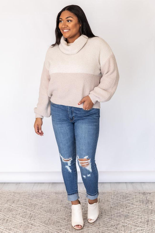 One Glance Oatmeal Colorblock Cowl Neck Sweater FINAL SALE