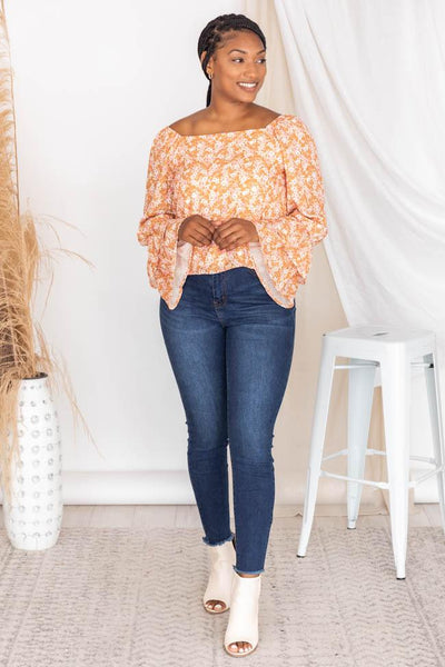 Marketside Daisy Rust Floral Bell Sleeve Blouse FINAL SALE