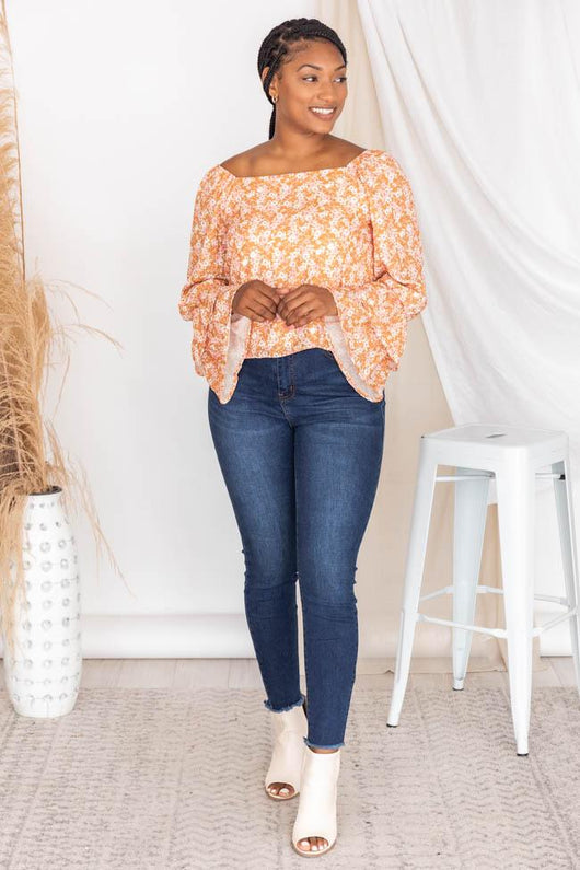 Marketside Daisy Rust Floral Bell Sleeve Blouse FINAL SALE