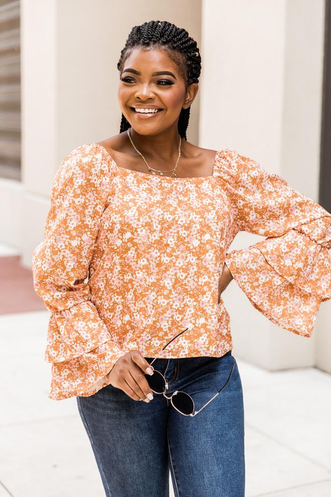 Marketside Daisy Rust Floral Bell Sleeve Blouse FINAL SALE
