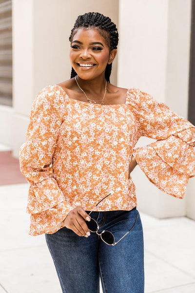 Marketside Daisy Rust Floral Bell Sleeve Blouse FINAL SALE