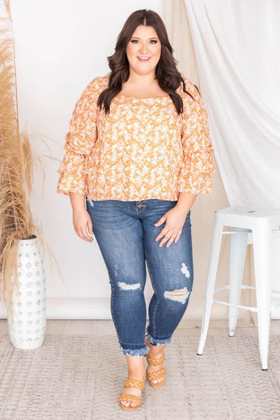 Marketside Daisy Rust Floral Bell Sleeve Blouse FINAL SALE
