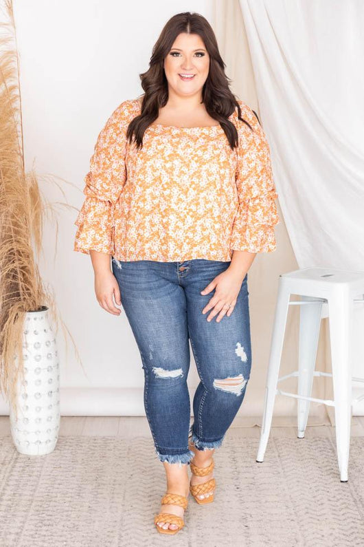 Marketside Daisy Rust Floral Bell Sleeve Blouse FINAL SALE