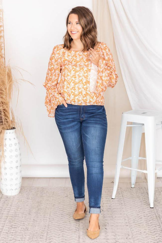 Marketside Daisy Rust Floral Bell Sleeve Blouse FINAL SALE
