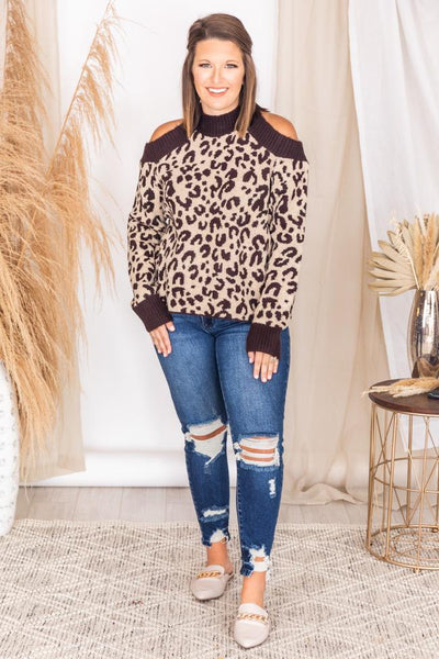 Mesmerized Beauty Brown Leopard Cold Shoulder Sweater