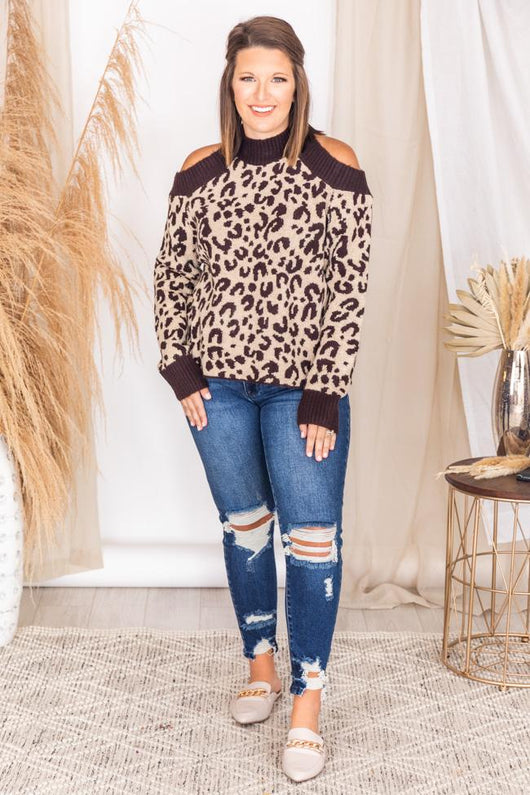 Mesmerized Beauty Brown Leopard Cold Shoulder Sweater