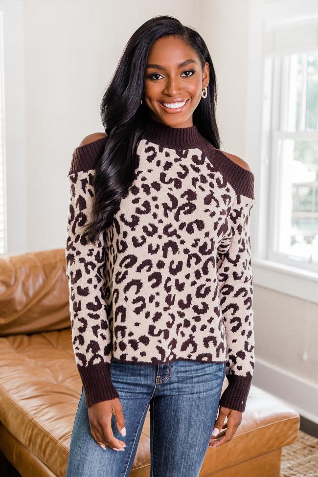 Mesmerized Beauty Brown Leopard Cold Shoulder Sweater