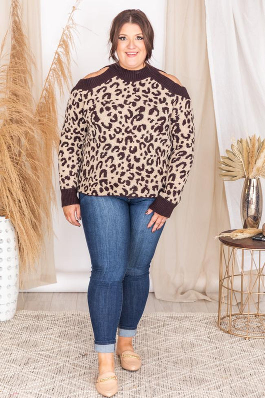 Mesmerized Beauty Brown Leopard Cold Shoulder Sweater