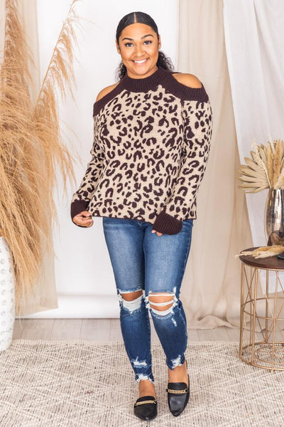 Mesmerized Beauty Brown Leopard Cold Shoulder Sweater
