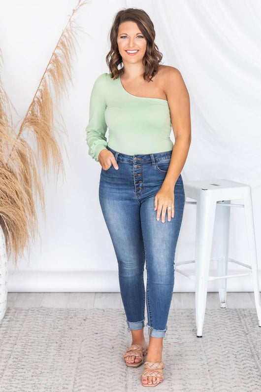 After Hours One Shoulder Mint Bodysuit