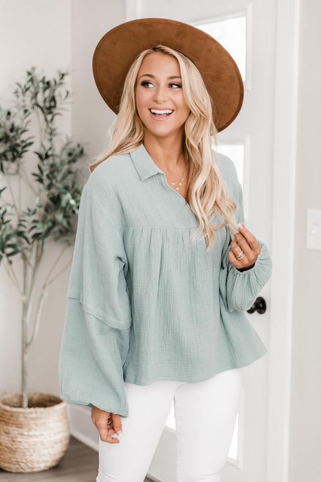 My Only Dedication Sage Balloon Sleeve Blouse FINAL SALE