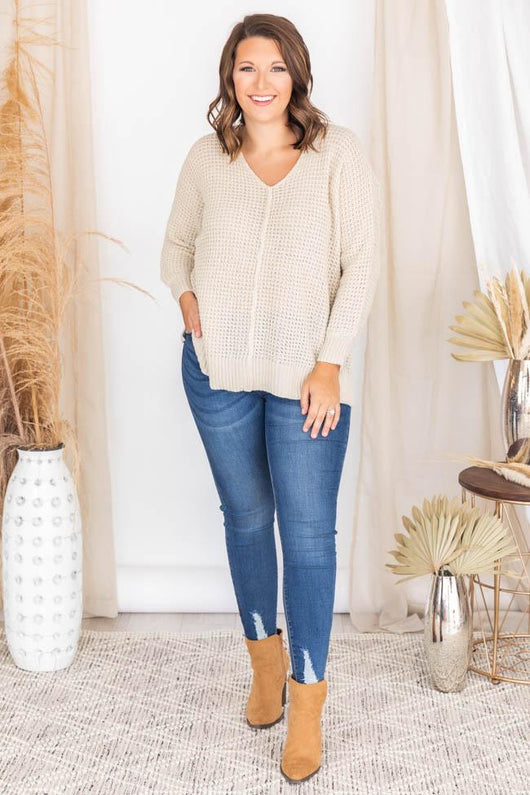 Only Destiny Taupe Waffle V-Neck Sweater