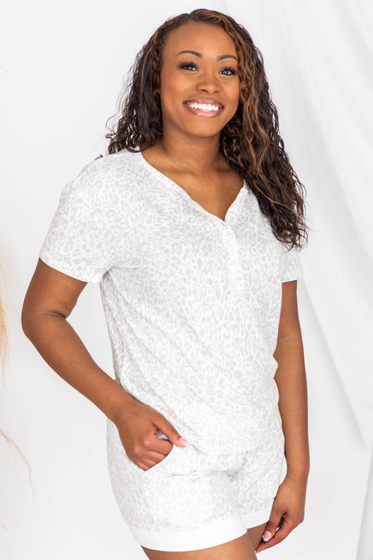 Restless Nights Henley Leopard Print Pajama Top