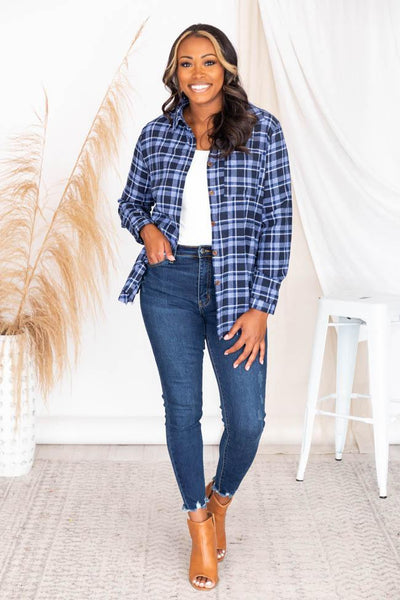 Wise Words Blue Frayed Hem Plaid Blouse