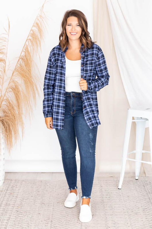 Wise Words Blue Frayed Hem Plaid Blouse