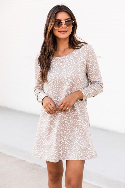 Casual Sunday Taupe Long Sleeve Animal Print T-Shirt Dress