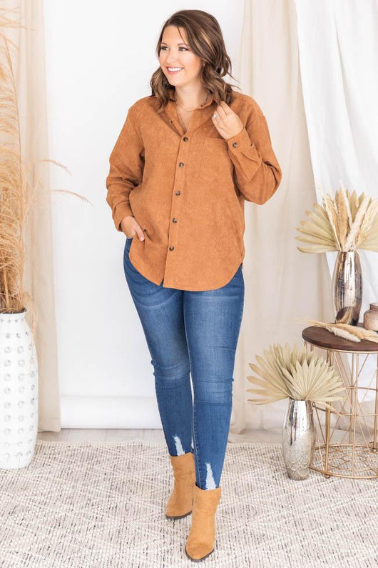 Heartfelt Story Camel Button Up Corduroy Shacket