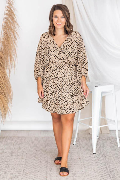 Midnight Till Morning Tan Spotted Long Sleeve Dress