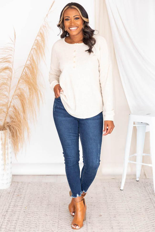 Sincere Letters Oatmeal Waffle Knit Henley Blouse