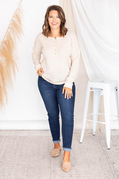 Sincere Letters Oatmeal Waffle Knit Henley Blouse
