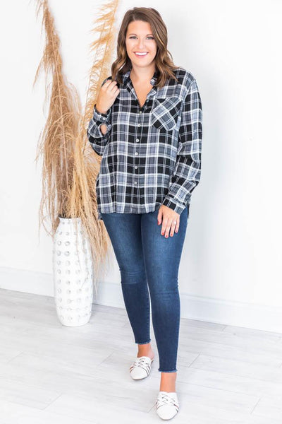 Never Give Up Black Lightweight Plaid Button Up Blouse