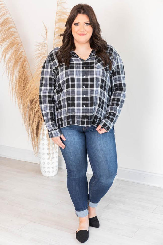 Never Give Up Black Lightweight Plaid Button Up Blouse