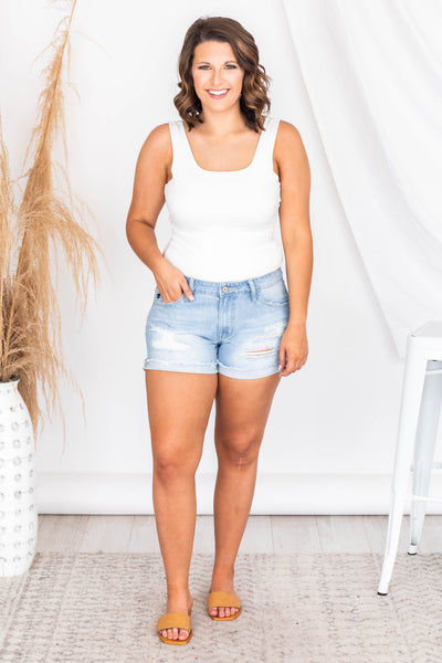 Sweet Summertime Distressed Light Wash Denim Shorts