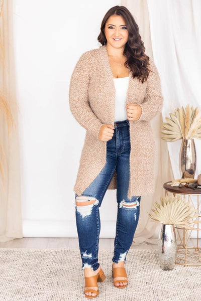 You're A Mind Reader Taupe Fuzzy Cardigan
