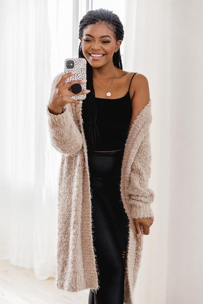 You're A Mind Reader Taupe Fuzzy Cardigan