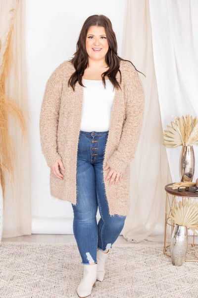 You're A Mind Reader Taupe Fuzzy Cardigan