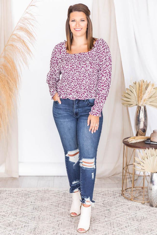 Prairie Fields Berry Square Neck Floral Blouse