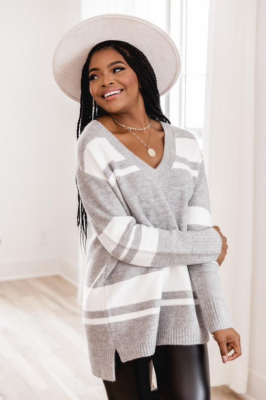 Past Decisions Grey Striped V-Neck Sweater