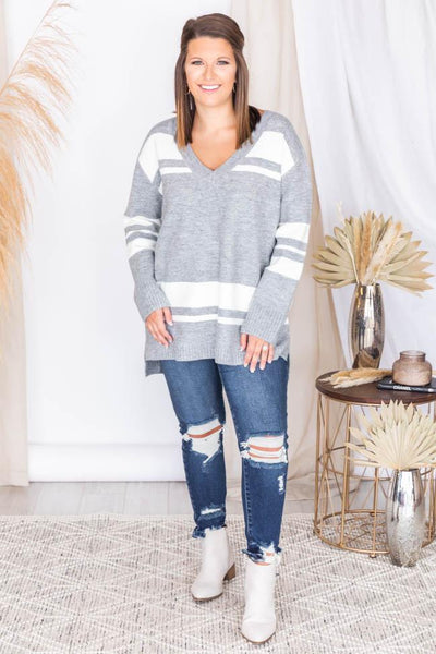 Past Decisions Grey Striped V-Neck Sweater
